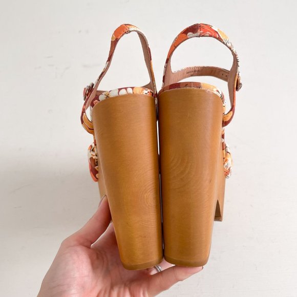 Jeffrey Campbell Orange & Brown Floral Jacy Wood Platform Wedge Sandals Size 8 - Picture 6 of 16